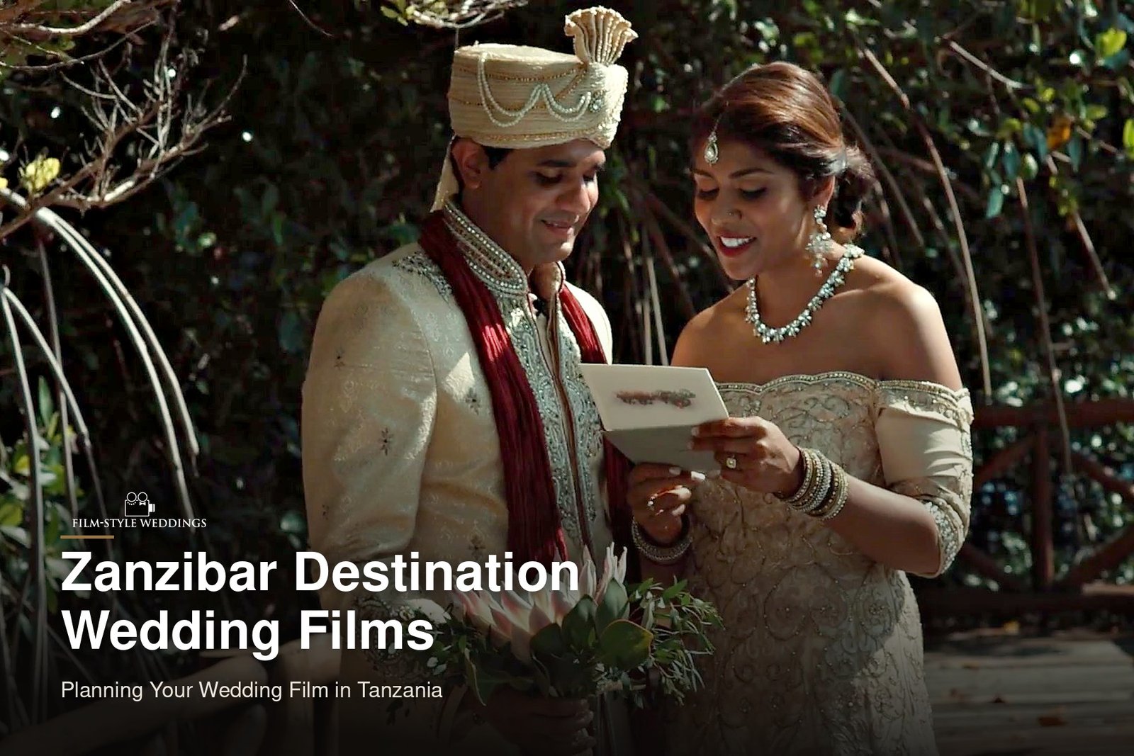 Zanzibar destination wedding guide cover: a bride and groom reading letters to each other before their ceremony