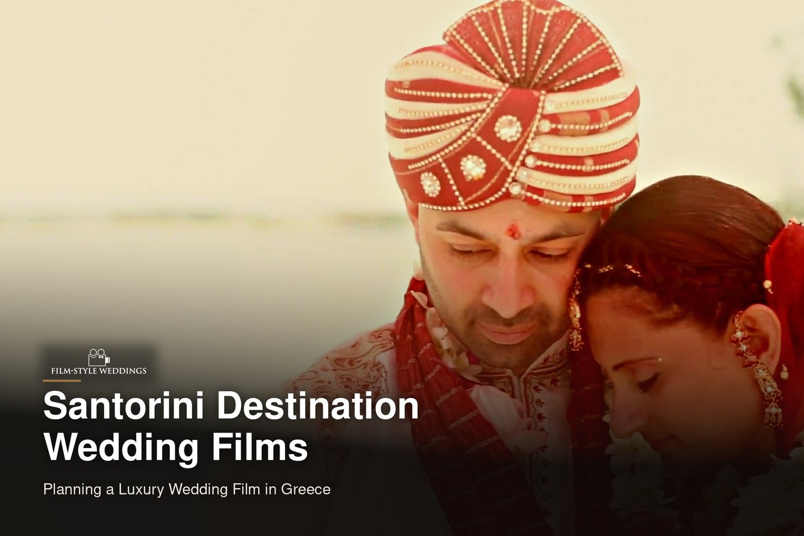 Santorini destination wedding guide cover: a couple sharing a quiet moment at their seaside ceremony, from our destination wedding film in Jamaica