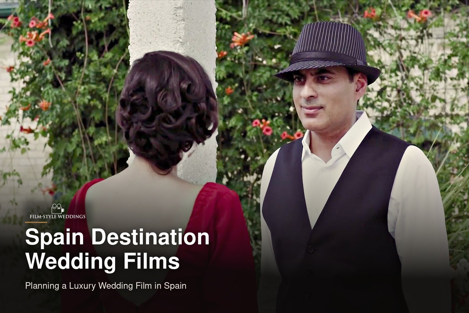 Spain destination wedding guide cover: a couple meeting in a garden courtyard, from our concept film The Secret of Flamenco